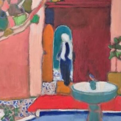 An oil painting depicting a scene from a Moroccan courtyard in earthy warm tones.