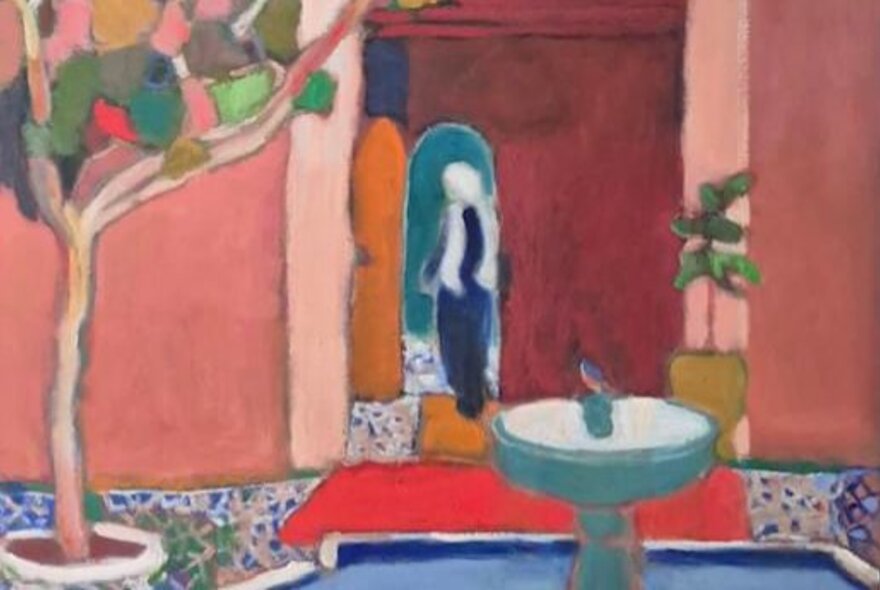 An oil painting depicting a scene from a Moroccan courtyard in earthy warm tones.