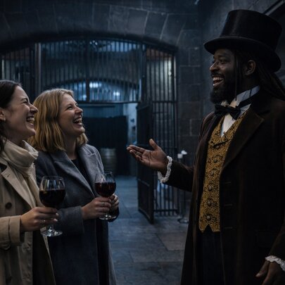 People holding glasses of wine, listening to a costumed tour guide in an underground cellar.