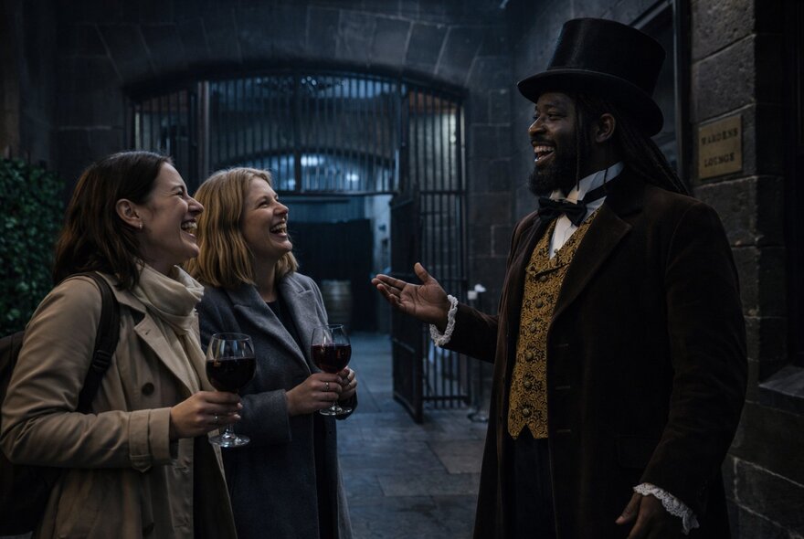 People holding glasses of wine, listening to a costumed tour guide in an underground cellar.