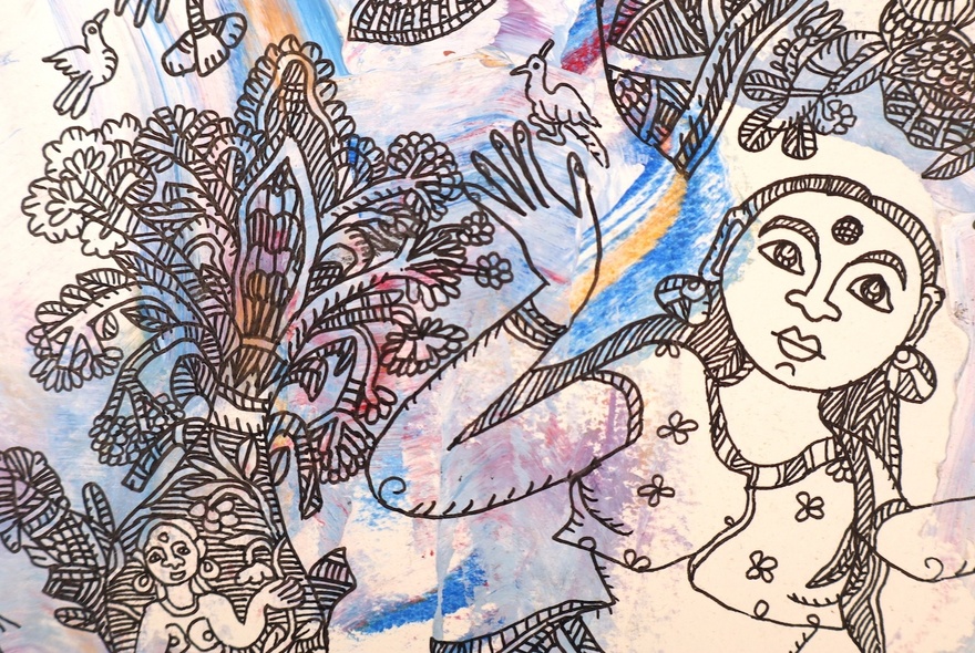 Indian pen artwork with foliage and a figure, in black and white.