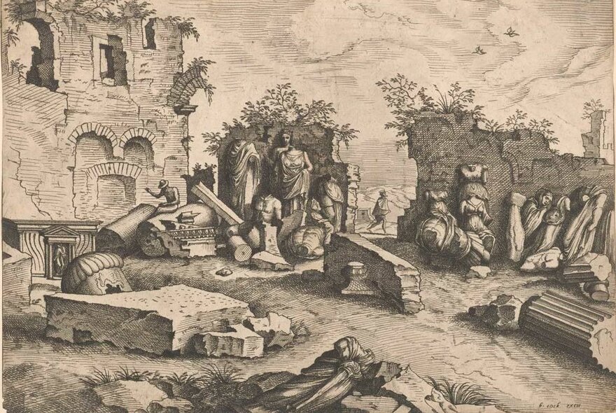 Grand Tour Piranesi etching of ancient Roman ruins in Renaissance times.