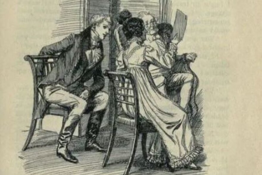 Drawing of Regency-era people seated in chairs looking at a book.