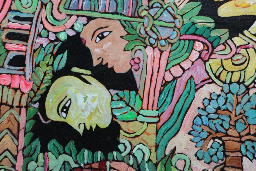 Detail of Indian artwork with figures amid foliage.