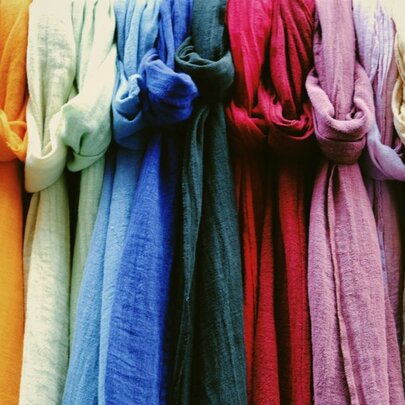 Knotted lengths of naturally dyed fabric.