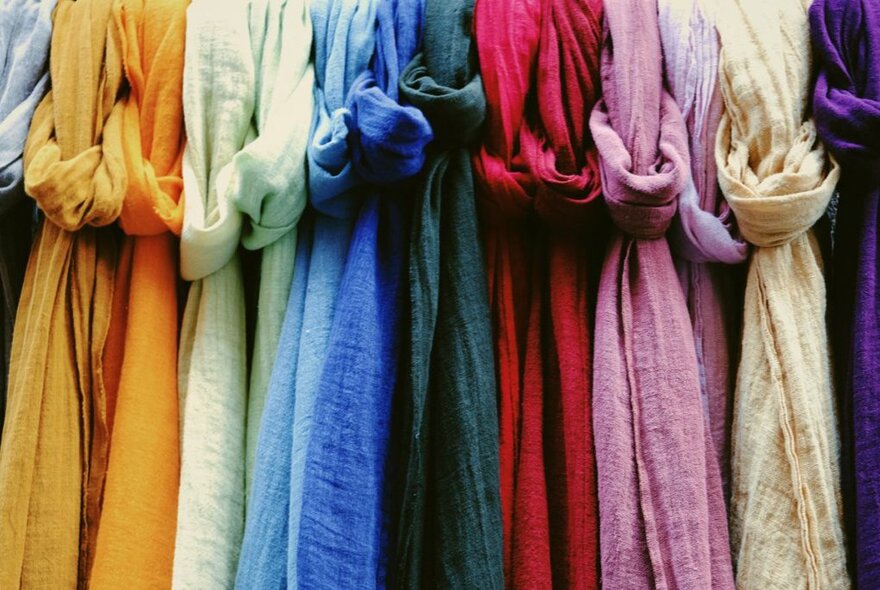 Knotted lengths of naturally dyed fabric.