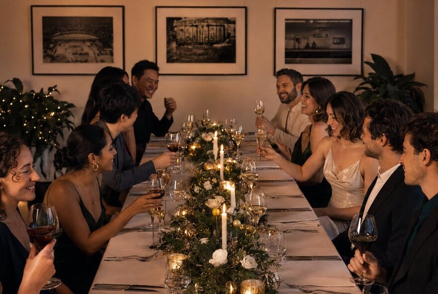 A long table with people seated in formal attire and Christmas decorations down the middle of the table with candles. 