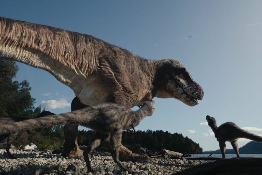 Three dinosaurs in a flat rocky landscape, a still from the 3D movie T.rex.