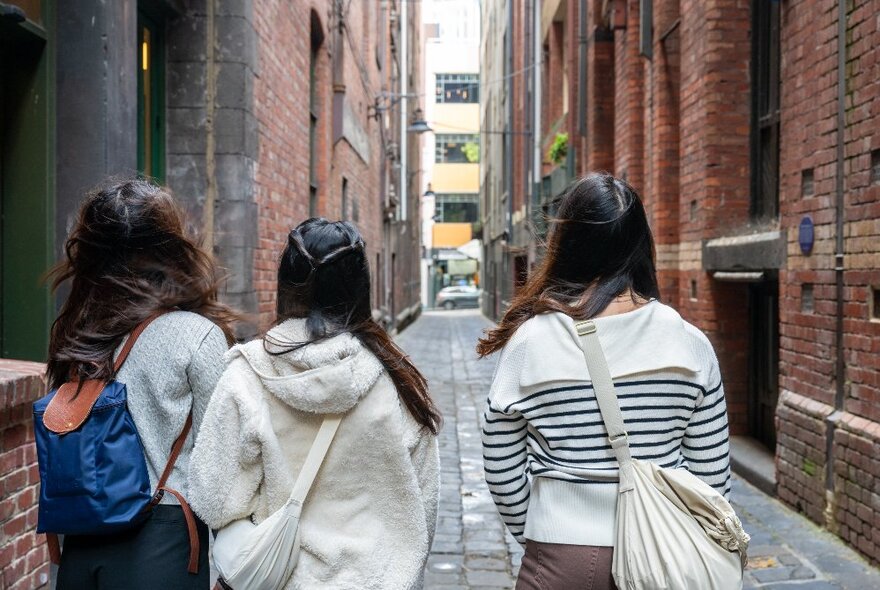 Three people walking through a Melbourne laneway with red-brick buildings on either side, seen from behind.