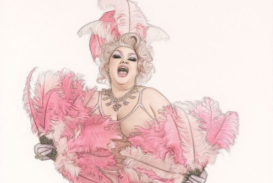 An illustration of a woman dressed in a pink toned burlesque outfit, carrying feather fans in each hand and leaning forward towards the viewer smiling, set against a white background.