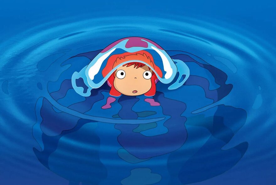 A still from a Studio Ghibli animated film of a child with a curious expression floating in a body of water.