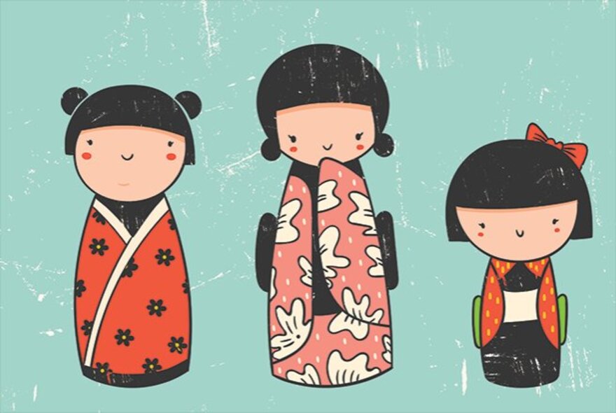 A drawing of three dolls dressed in kimonos against a mint green background. 