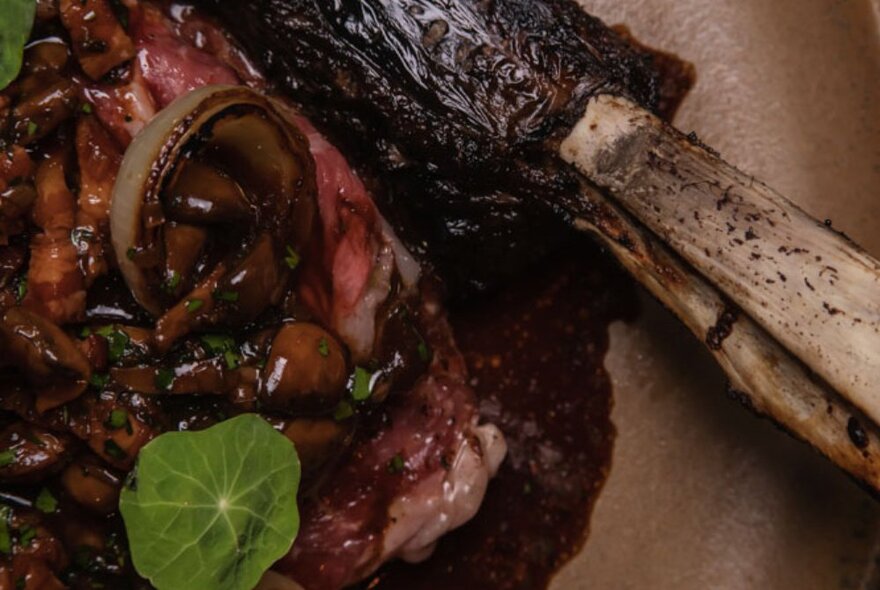 A Viking-style meat dish seen very close up, with a grean leaf as garnish.