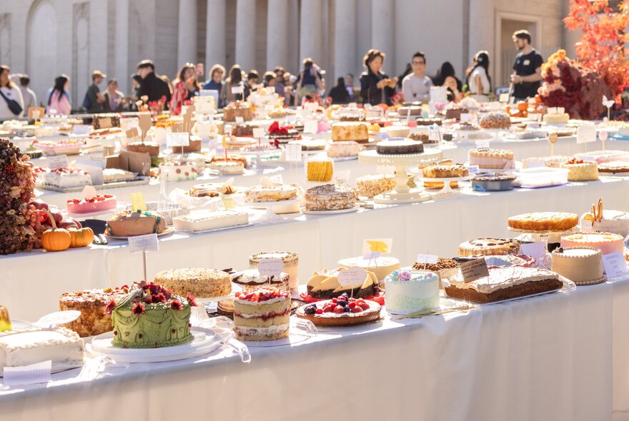 People lined up beside tables loaded with homemade cakes.
