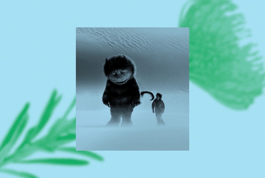 A still image from the movie Where the Wild Things Are overlaid on an enlarged picture of a green stem and flower. 