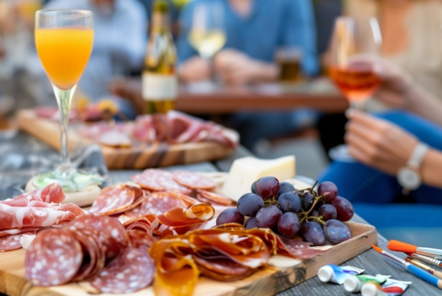 Glass of mimosa cocktail next to a platter of meat and grapes, blurred hands holding wine glasses in the background.