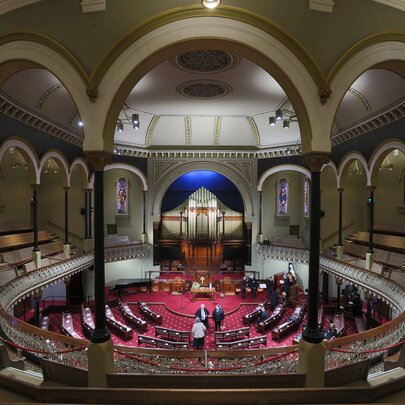 The distinctive circular interior auditorium of St Michael's Uniting Church.