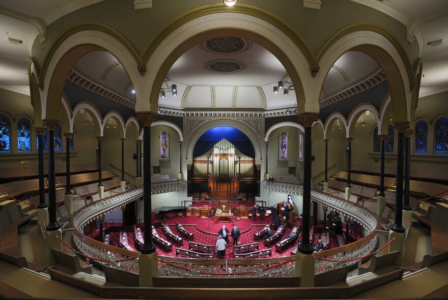 The distinctive circular interior auditorium of St Michael's Uniting Church.