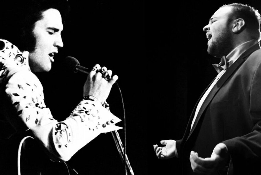 On the right side a profile of a man in a suit singing and on the left side Elvis Presley in profile, holding a microphone and singing.