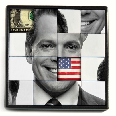 A slide puzzle featuring the slightly jumbled face of American political commentator, Anthony Scaramucci, with part of an American flag and part of an American dollar in the two vacant squares.