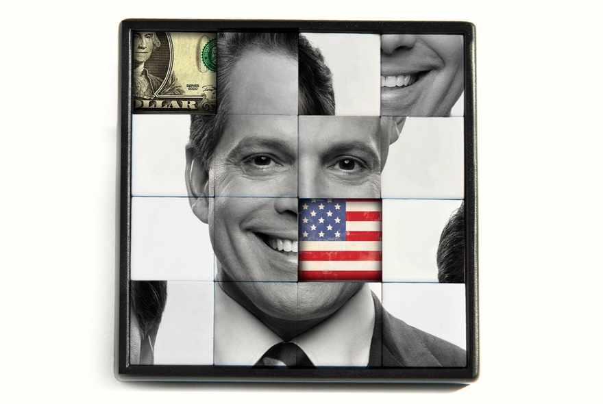 A slide puzzle featuring the slightly jumbled face of American political commentator, Anthony Scaramucci, with part of an American flag and part of an American dollar in the two vacant squares.