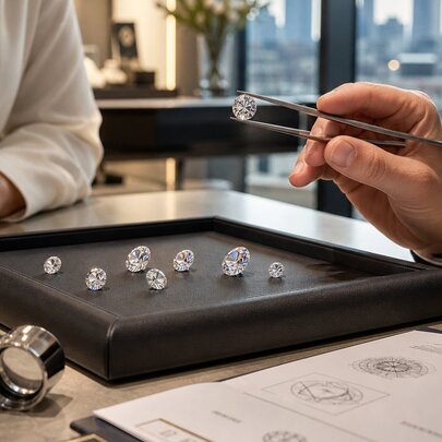 Two people at a desk during a diamond selection process involving loose stones viewed with tweezers and a loupe.