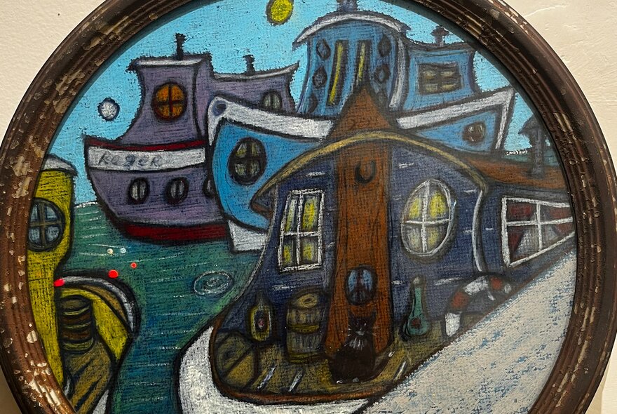 Naive painting of canalboats moored and on the water.