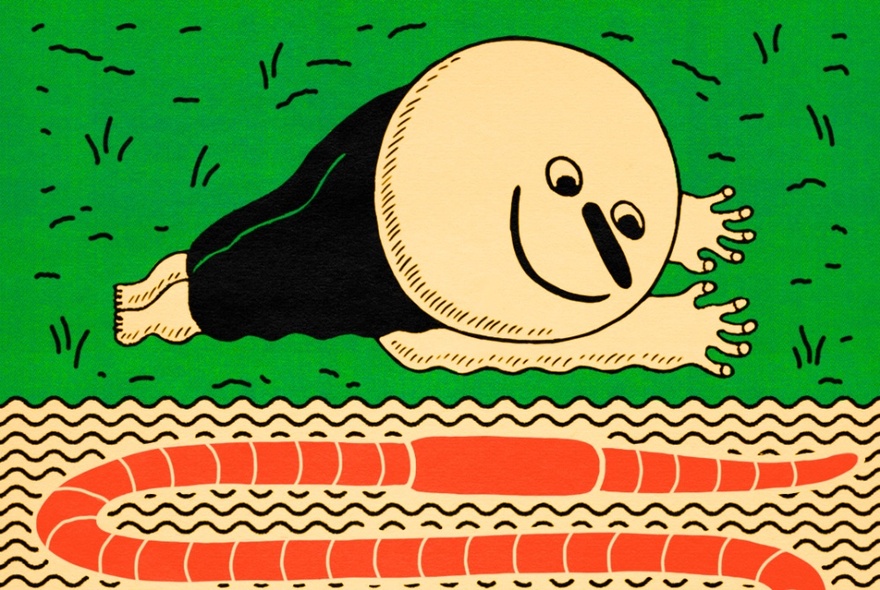 Cartoon illustration of an earthworm tunnelling underground while a creature lies on the grass above.