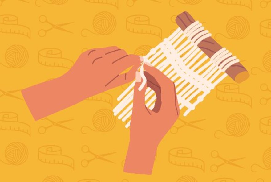 A cartoonish illustration of hands weaving on a mini loom against a vivid yellow background. 