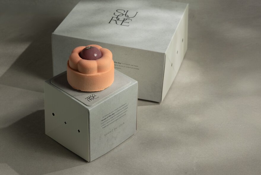 A delicate pink sweet mini dessert resting on a grey cardboard take-away box.