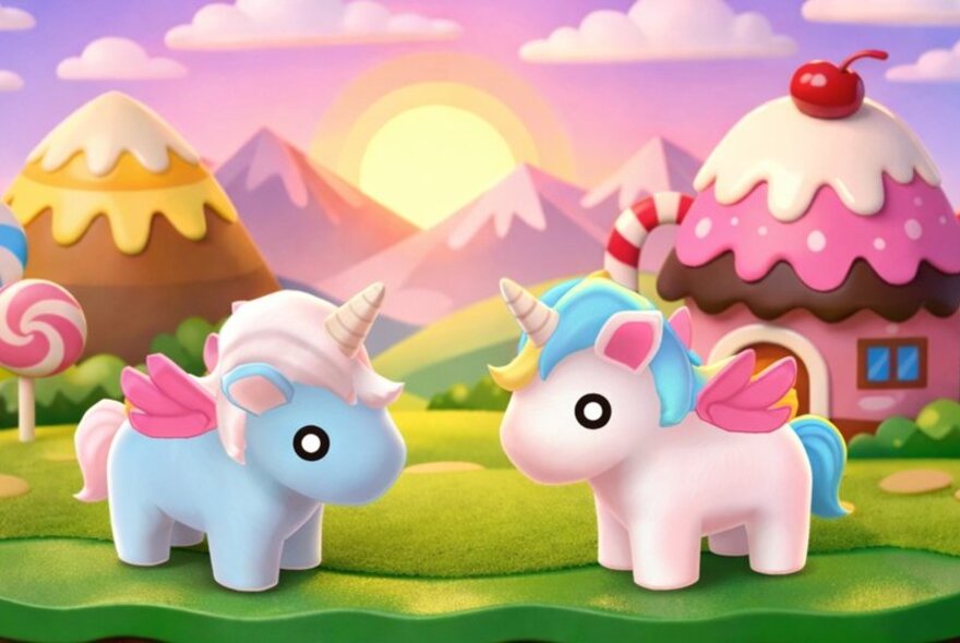 A digital image of two cute unicorns in front of a strawberry shortcake house and the sun setting behind mountains in the background.