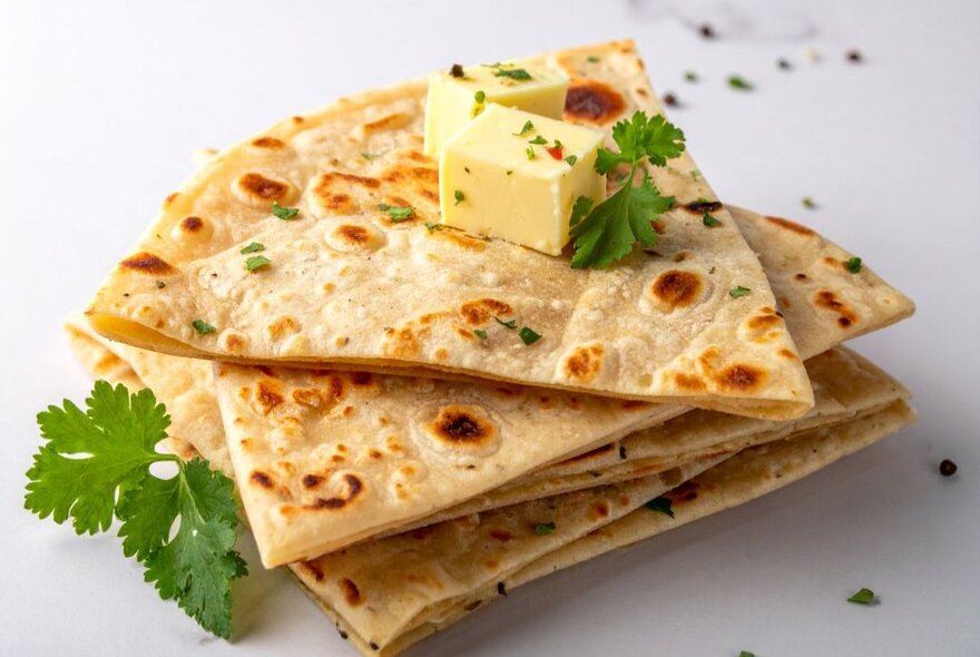 A pile of sourdough flatbread triangles, with two cubes of butter and parsley on top.