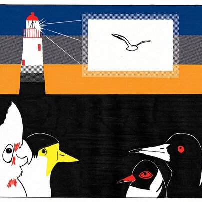 Graphic illustration featuring a lighthouse at night and several birds in the foreground.