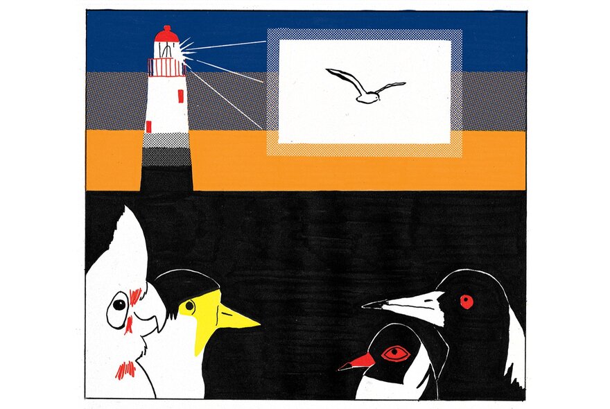 Graphic illustration featuring a lighthouse at night and several birds in the foreground.