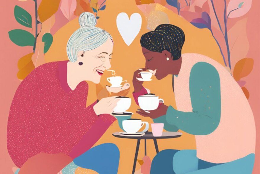 Colourful illustration of two senior women smiling while sipping tea from cups, seated at a small table. 