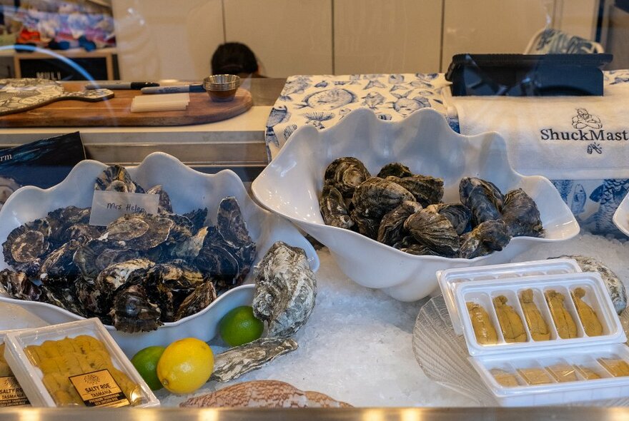 A shop display of unshucked oysters.