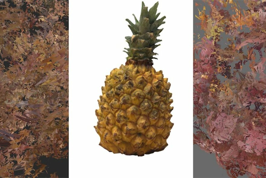 An image on nondescript pinkish patterns split with a white block with a pineapple in the middle. 