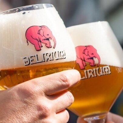 Hands holding two Belgian beers in large, wide beer glasses each with a pink elephant printed on it.