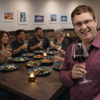 Sommelier Antony Anderson standing in front of a table of diners, smiling and holding a glass of shiraz wine in his hand.