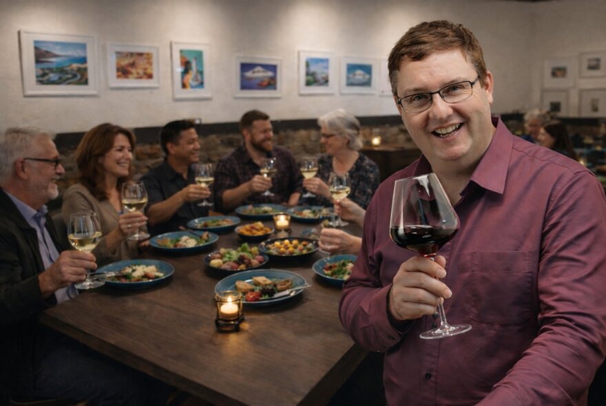 Sommelier Antony Anderson standing in front of a table of diners, smiling and holding a glass of shiraz wine in his hand.
