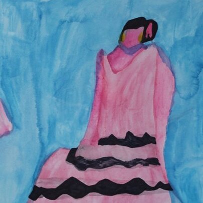 A painting of a woman in a pink dress, against a blue background.