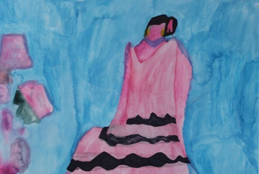 A painting of a woman in a pink dress, against a blue background.