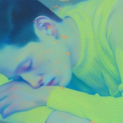 Artwork of sleeping man wearing lime green shirt.