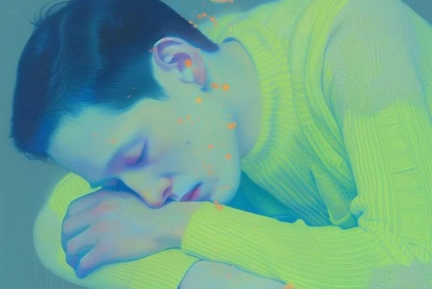 Artwork of sleeping man wearing lime green shirt.