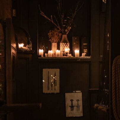 Dark interior of a restaurant.