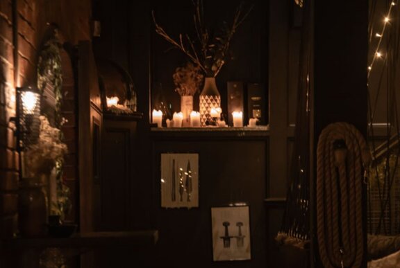 Dark interior of a restaurant.