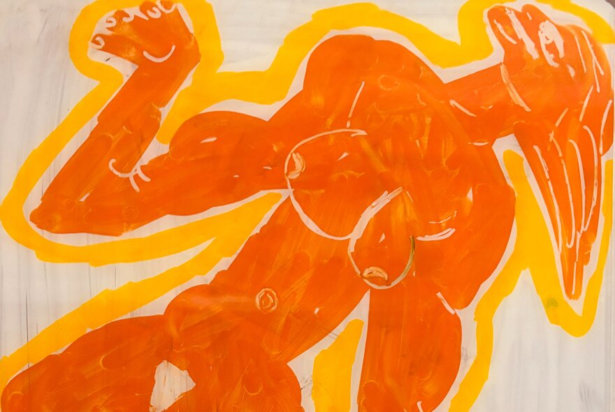 A hand-painted artwork featuring an abstract muscular woman's body in bright orange with a yellow outline.