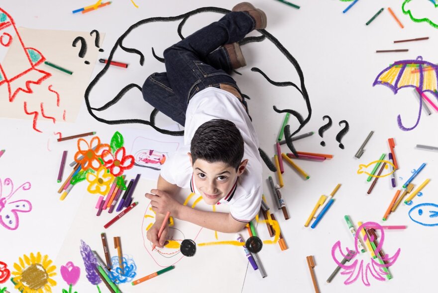 A primary-school aged child lying on a white floor surrounded by coloured textas and pencils and simple line drawings.