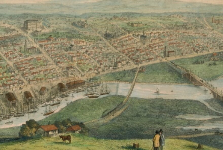 Early colonial painting of Melbourne viewed from Emerald Hill, with Yarra and city grid visible.