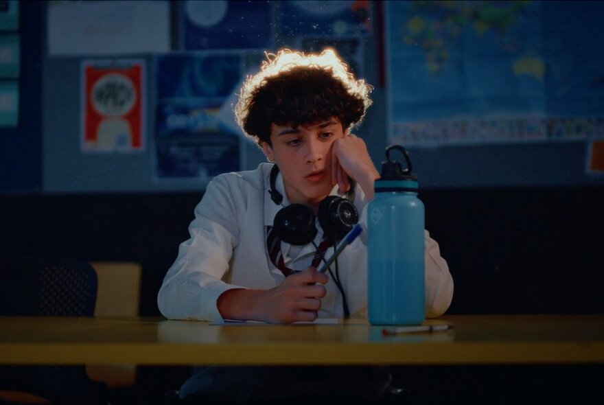A young man with headphones around his neck, sitting at a desk, a large blue water bottle in front of him.